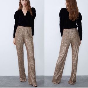 NEW ZARA SEQUIN GOLD FLARE PANTS